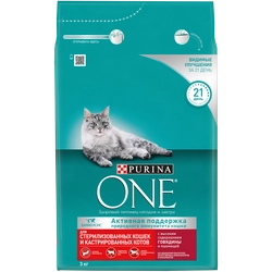 Корм сухой для взрослых кошек PURINA ONE Sterilised с говядиной и пшеницей, для стерилизованных, 3кг