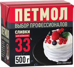 Сливки ультрапастеризованные ПЕТМОЛ Для взбивания 33%, без змж, 500г