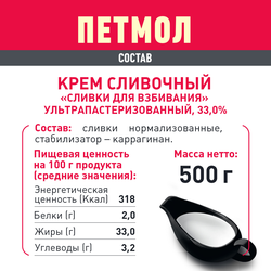 Сливки ультрапастеризованные ПЕТМОЛ Для взбивания 33%, без змж, 500г