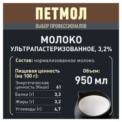 Молоко ультрапастеризованное ПЕТМОЛ Для капучино 3,2% обогащенное молочным белком, без змж, 950мл