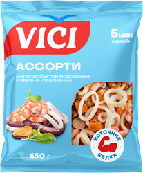 Изображение товара Ассорти из морепродуктов варено-мороженное VICI с изделиями формованными (имитация из сурими), 450г