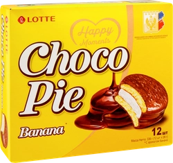 Печенье LOTTE Choco Pie Banana бисквитное в шоколадной глазури, 12х28г