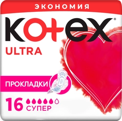 Прокладки KOTEX Super Ultra Dry&Soft Absorbent Ultra с крылышками, 16шт