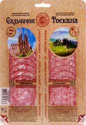 Колбаса сырокопченая МЯСНАЯ ИСТОРИЯ Сальчичон и Тоскана полусухая, нарезка, 100г