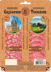Колбаса сырокопченая МЯСНАЯ ИСТОРИЯ Сальчичон и Тоскана полусухая, нарезка, 100г