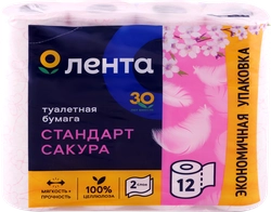 Бумага туалетная ЛЕНТА 2 слоя с ароматом сакуры, белая с розовым тиснением, 12шт