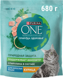 Изображение товара Корм сухой для взрослых кошек PURINA ONE Природа здоровья со спирулиной Курица, 680г