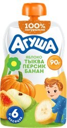 Изображение товара Пюре фруктово-овощное детское АГУША Яблоко, тыква, персик, банан, с 6 месяцев, 90г
