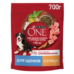 Корм сухой для щенков PURINA ONE Puppy c курицей и рисом, для средних и крупных пород, 700г