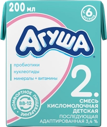 Смесь кисломолочная АГУША 2 с витаминами и минеральными веществами 3,4%, без змж, 204г