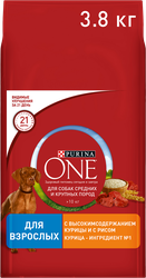 Корм сухой для взрослых собак PURINA ONE Adult с курицы и с рисом, для средних и крупных пород, 3,8кг