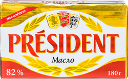 Изображение товара Масло кислосливочное PRESIDENT несоленое 82%, без змж, 180г