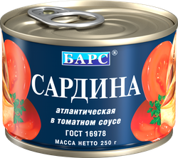 Сардина БАРС Атлантическая в томатном соусе, ГОСТ, 250г
