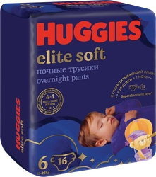 Подгузники-трусики детские HUGGIES Elite Soft 6 ночные 15–25кг, 16шт