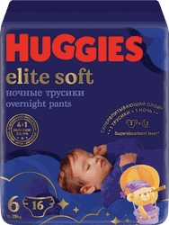 Подгузники-трусики детские HUGGIES Elite Soft 6 ночные 15–25кг, 16шт