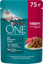 Корм влажный для взрослых кошек PURINA ONE Adult с говядиной и морковью в соусе, 75г