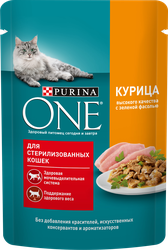 Корм влажный для взрослых кошек PURINA ONE Sterilised с курицей и зеленой фасолью в соусе, 75г