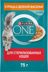 Изображение товара Корм влажный для взрослых кошек PURINA ONE Курица и зеленая фасоль, для стерилизованных, 75г