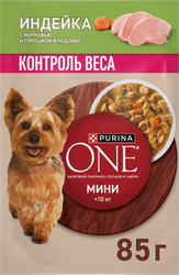 Изображение товара Корм влажный для взрослых собак PURINA ONE Мини Контроль веса Индейка, морковь и горохом в подливе, для мелких и карликовых пород, 85г