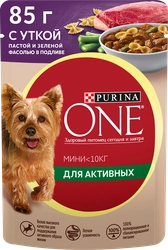 Корм влажный для взрослых собак PURINA ONE Mini Активная Утка, паста и зеленая фасоль в подливе, 85г