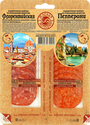 Колбаса сырокопченая МЯСНАЯ ИСТОРИЯ Флорентийская и Пепперони, нарезка, 2x50г