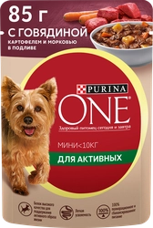 Корм влажный для взрослых собак PURINA ONE Mini Активная Говядина, картофель, морковь в подливе, 85г