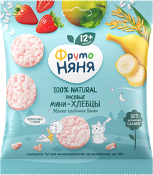 Изображение товара Мини-хлебцы рисовые ФРУТОНЯНЯ с яблоком, клубникой, бананом и пребиотиком, с 12 месяцев, 30г