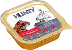 Корм консервированный для взрослых кошек HUNTY с говядиной, кусочки в желе, 100г