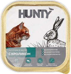 Корм консервированный для взрослых кошек HUNTY с кроликом, кусочки в желе, 100г