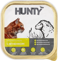 Корм консервированный для взрослых кошек HUNTY с ягненком, кусочки в желе, 100г