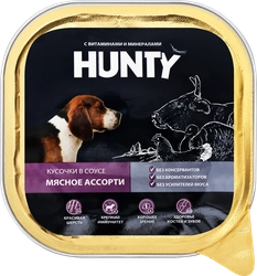 Корм консервированный для взрослых собак HUNTY Мясное ассорти кусочки в соусе, 300г