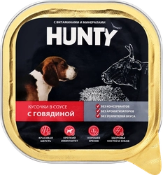 Корм консервированный для взрослых собак HUNTY кусочки в соусе с говядиной, 300г