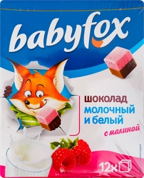 Шоколад KDV BabyFox с малиной, молочный и белый, 90г