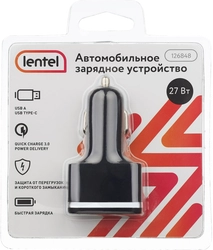 Зарядное устройство для автомобиля LENTEL Usb A, Type-C, PD, QC 3.0 с функцией быстрой зарядки, 27W, черное Арт. 126848