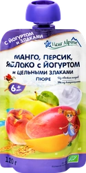 Пюре фруктовое FLEUR ALPINE Манго, персик и яблоко, с йогуртом, с 6 месяцев, 120г