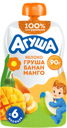 Изображение товара Пюре фруктовое детское АГУША Яблоко, груша, банан и манго, с 6 месяцев, 90г