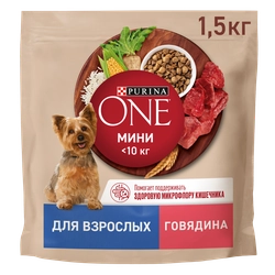 Корм сухой для взрослых собак PURINA ONE Adult Говядина и рис, для мелких и карликовых пород, 1,5кг