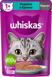 Корм консервированный для взрослых кошек WHISKAS паштет с индейкой и кроликом, 75г