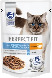 Корм консервированный для взрослых кошек PERFECT FIT Hair&Skin с индейкой в соусе, для красивой шерсти и здоровой кожи, 75г