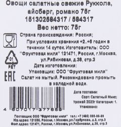 Салатный микс руккола, мини-айсберг и мини-романо, 75г