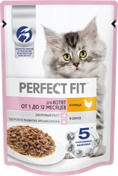 Корм консервированный для котят PERFECT FIT с курицей в соусе 1–12 месяцев, 75г