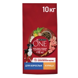 Корм сухой для взрослых собак PURINA ONE Adult с курицы и с рисом, для средних и крупных пород, 10кг