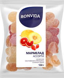 Мармелад желейно-формовой BONVIDA Ассорти со вкусом сицилийского апельсина, клубники, дыни, 500г