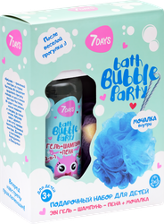 Набор подарочный детский 7DAYS Bath bubble party Для настоящих почемучек Гель-шампунь-пена 3в1 с малинкой, 400мл + Губка
