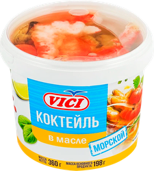 Изображение товара Коктейль из морепродуктов маринованный VICI Морской, с креветками (имитация) в масле, 360г