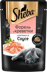 Корм консервированный для взрослых кошек SHEBA ломтики в соусе с форелью и креветками, 75г