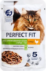 Корм консервированный для кошек PERFECT FIT с курицей в соусе, старше 7 лет, для стерилизованных, 75г