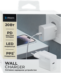 Устройство зарядное сетевое DEPPA USB Type-C, Power Delivery, 20Вт,  белое