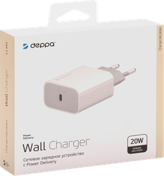 Устройство зарядное сетевое DEPPA USB Type-C, Power Delivery, 20Вт,  белое