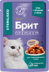 Изображение товара Корм консервированный для взрослых кошек BRIT Premium Утка с яблоками в желе, для стерилизованных, 85г